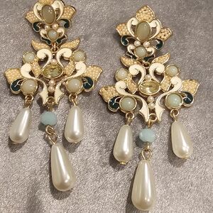 Ornate Gold and Pearl Chandelier Earrings